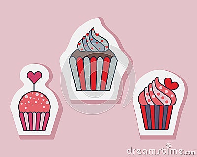 Saint Valentine Day Muffin Stickers in Lineart Vector Illustration