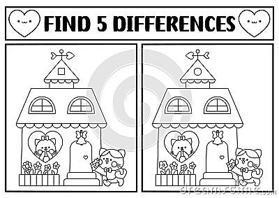 Saint Valentine kawaii black and white find differences game. Attention skills activity scene with cute cat couple, house, hearts Vector Illustration