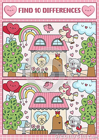 Saint Valentine kawaii find differences game for children. Attention skills activity with scene with cute cat couple, house, Vector Illustration