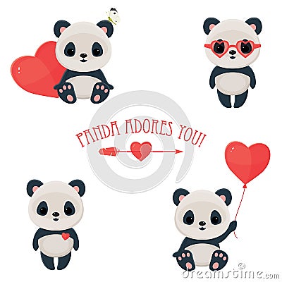 Saint Valentine's Day cute web icons with panda in love Vector Illustration