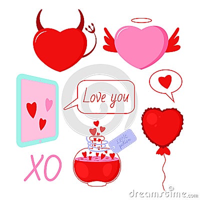 Saint Valentine s day vector set. Love potion, ipad with hearts, ballon, hearts angel and davil Vector Illustration