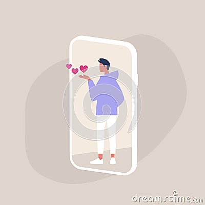 Saint Valentine`s Day, Young male character blowing kisses on a smartphone screen Vector Illustration