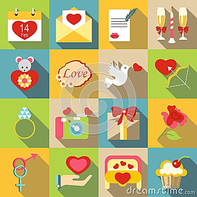 Saint Valentine symbols icons set, flat style Vector Illustration