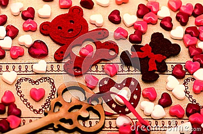Saint Valentines Day Decoration, bear, heart, key, candy Stock Photo
