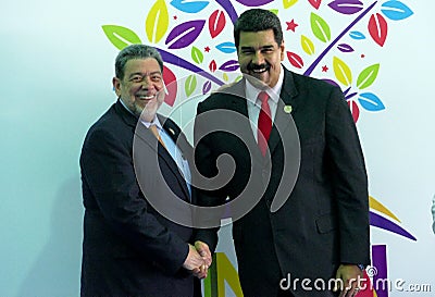 Saint-Vincent and the Grenadines Prime Minister Ralph Gonsalves greets Venezuelan President Nicolas Maduro Editorial Stock Photo