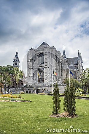 Saint Waltrude church in Mons, Belgium. Stock Photo