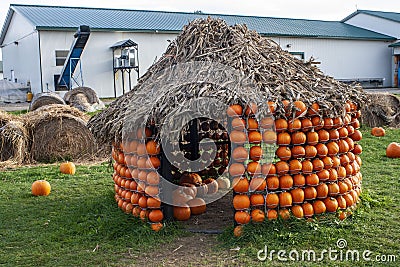 Saint-Zotique, Quebec, Canada, October 24th, 2021 : a house made of pumpkins in Editorial Stock Photo