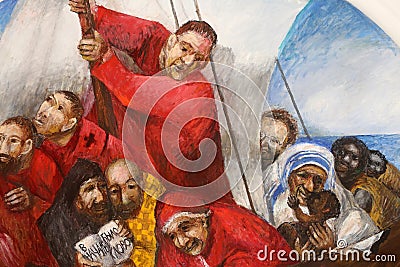 Saints Clement, Cyril, Methodius, Pope John XXIII, Theresa of Calcutta in Peter`s boat Editorial Stock Photo