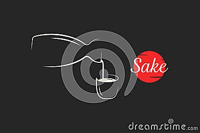 Sake logo. Bottle and sake cup pour on black Vector Illustration