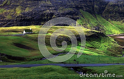 Saksun Kirkja in the sunset. Faroe Island Landscape Stock Photo