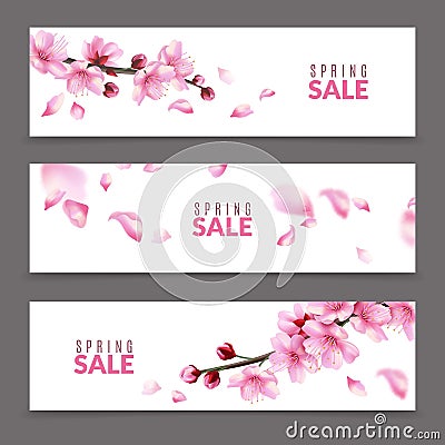 Sakura banners. Spring japanese cherry flower blossom and branches, falling pink sakura petals, springtime april sale Vector Illustration