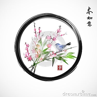 Sakura in blossom, bamboo branch and blue bird Vector Illustration