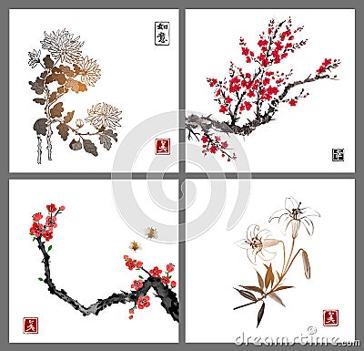 Sakura blossom, chrysanthemum and lily flowers on white background. Traditional oriental ink painting sumi-e, u-sin, go Vector Illustration