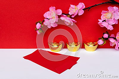 Sakura Blossom, Golden Ingot and Red Envelope Stock Photo