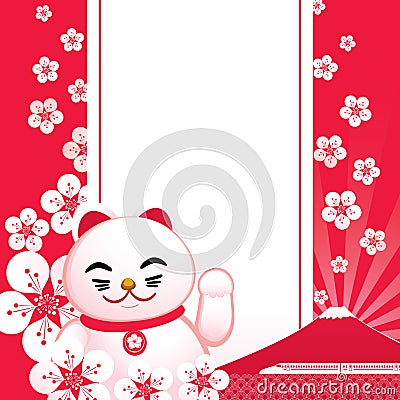 Sakura blossom with Japanese lucky cat and fuji mountain. Vector Illustration