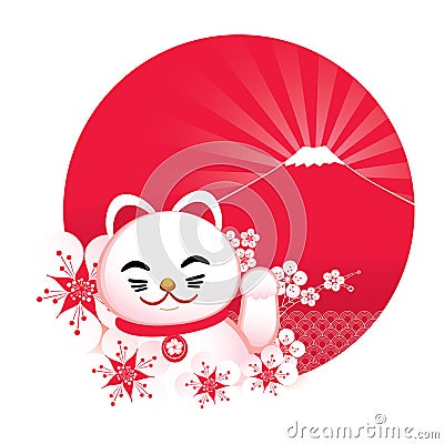 Sakura blossom with Japanese lucky cat and Vector Illustration