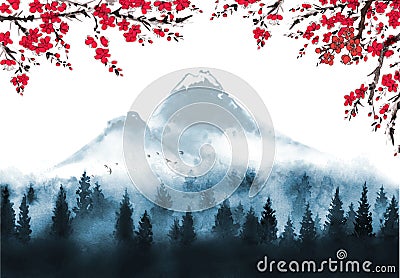 Sakura blossom, misty forest and distant mountains. Traditional oriental ink painting sumi-e, u-sin, go-hua. Vector Illustration