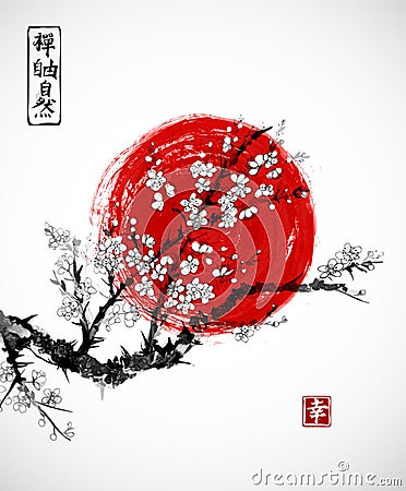 Sakura in blossom and red sun, symbol of Japan on white background. Contains hieroglyphs - zen, freedom, nature Vector Illustration