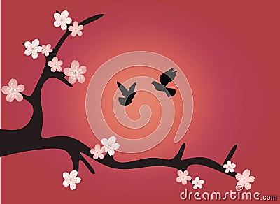 Sakura.A branch of cherry blossoms with birds at sunset. Stock Photo