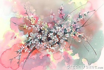 Sakura branches in bloom watercolor background Stock Photo