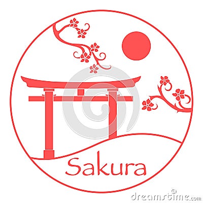 Sakura branches and torii, ritual gates. Japan Vector Illustration