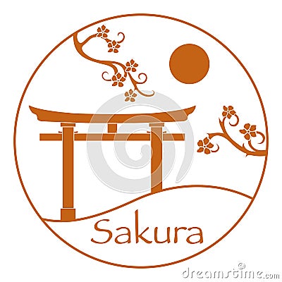 Sakura branches and torii, ritual gates. Japan Vector Illustration