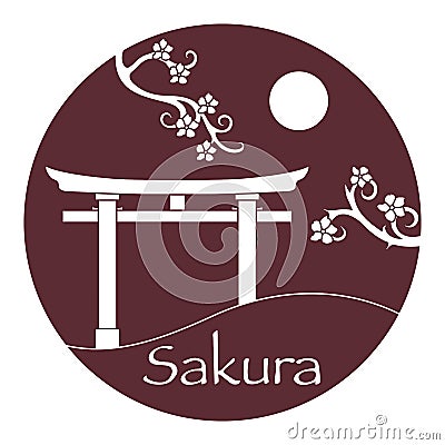 Sakura branches and torii, ritual gates. Japan Vector Illustration