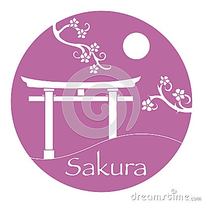 Sakura branches and torii, ritual gates. Japan Vector Illustration