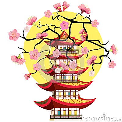 Sakura cherry Chinese pagoda five levels. Vector illustration Vector Illustration