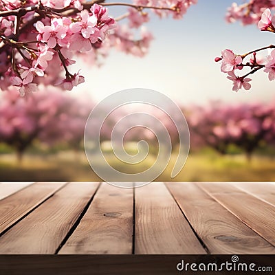 Sakura cherry tree blooms backgrounds with empty wooden table. Stock Photo