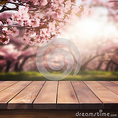 Sakura cherry tree blooms backgrounds with empty wooden table Stock Photo
