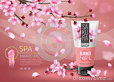 Sakura cosmetic. Cherry blossom sakura branches with pink petals cosmetics ad, cream or perfume bottle promotional Vector Illustration