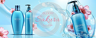 Sakura cosmetics bottles mockup banner, face care Vector Illustration
