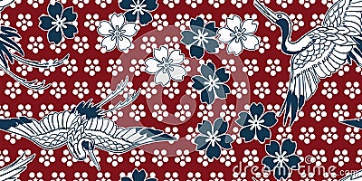 Sakura flower bird crane japanese chinese design vector seamless pattern Stock Photo