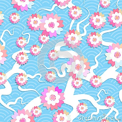 Sakura flowers seamless pattern Nature background with blossom branch of pink flowers. Cherry tree branches japanese wave circle p Vector Illustration