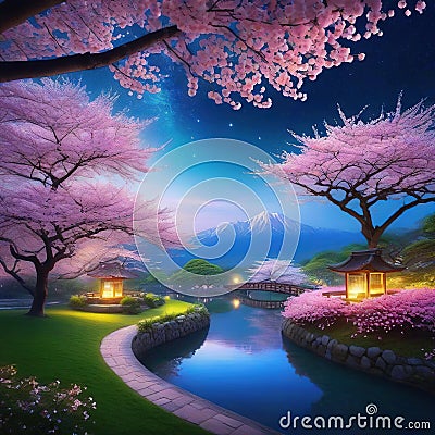 Sakura garden ethereal dreamy night Beautiful Cartoon Illustration