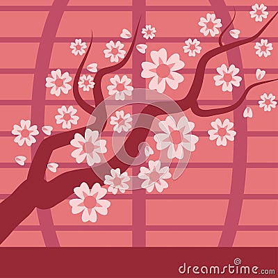 Sakura japan cherry branch vector tree with blooming flowers illustration. Sakura japan cherry flower and pink sakura Vector Illustration