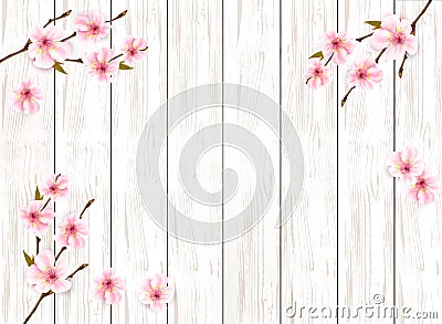 Sakura japan cherry branch on wooden background. Vector Illustration