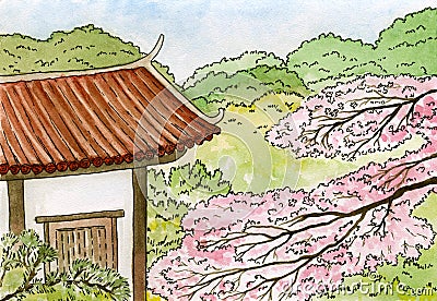 Sakura, Japanese cherry tree blossoms and traditional Japanese house with red roof, watercolor sketch illustration Cartoon Illustration