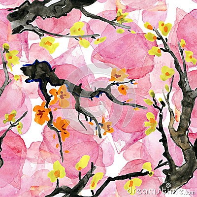 Sakura and orchid flowers. Watercolor painting. Stock Photo