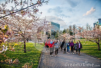 Sakura park and crowd of people, Vilnius Editorial Stock Photo