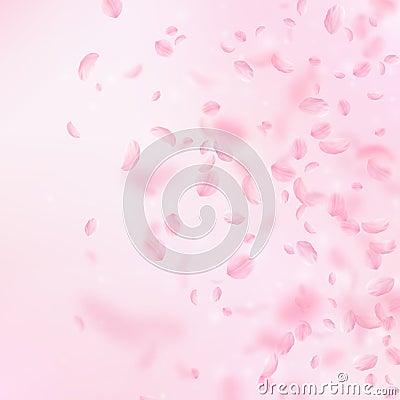 Sakura petals falling down. Romantic pink flowers gradient. Flying petals on pink square background. Vector Illustration