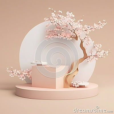 Sakura Pink Flower Tree Branch on Beige Podium: Ideal for Cosmetic and Beauty Product Promotion with Spring Mock up and Copy Space Stock Photo