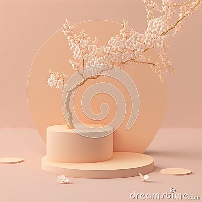 Sakura Pink Flower Tree Branch on Beige Podium: Ideal for Cosmetic and Beauty Product Promotion with Spring Mock up and Copy Space Stock Photo