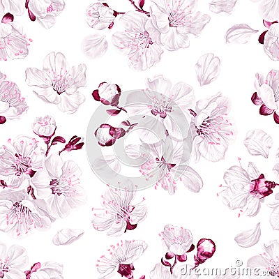 Seamless pattern spring flowers of fruit trees on light background. Vector Illustration