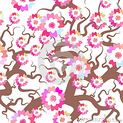 Sakura seamless pattern Nature background with blossom branch of pink flowers. Cherry tree brown branches japanese pattern pastel Vector Illustration