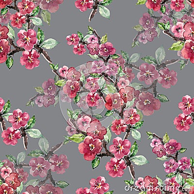 Branch Flowers Sakura. Handiwork Watercolor Seamless Pattern on a Gray Background. Stock Photo