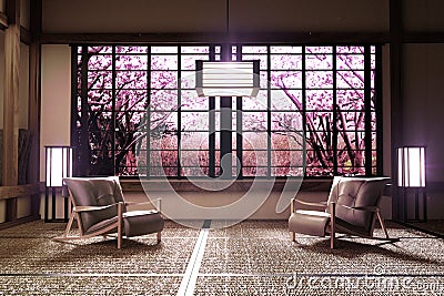 Sakura tree window view in Room interior with ,Zen style. 3D rendering Stock Photo