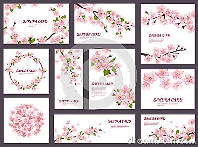 Sakura vector blossom cherry greeting cards with spring pink blooming flowers illustration japanese set of wedding Vector Illustration