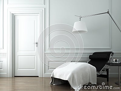 Sala de estar do chaise na parede clássica branca imagens de stock ...